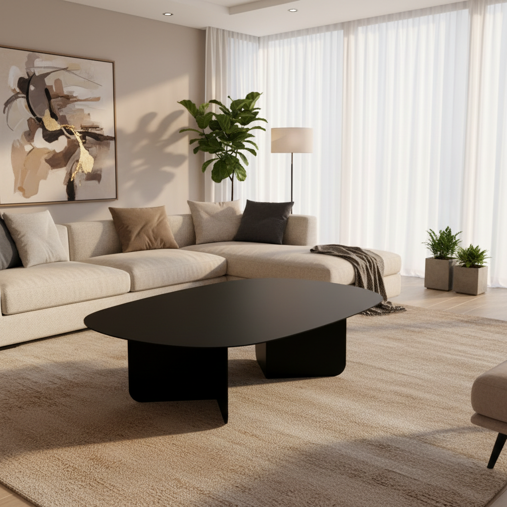 Modern living room with a beige sectional sofa, black coffee table, and abstract art on the wall.